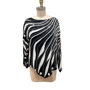 VTG Creative Creations Sequin Beads Sequins Top black White Silk sz Medium